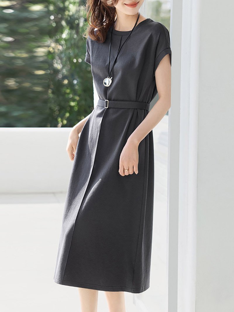 【SALE/20% OFF】Doux Belle French Sleeve Belted Long Dress for Women - Dress, Tunic, Gray 【Free Shipping】