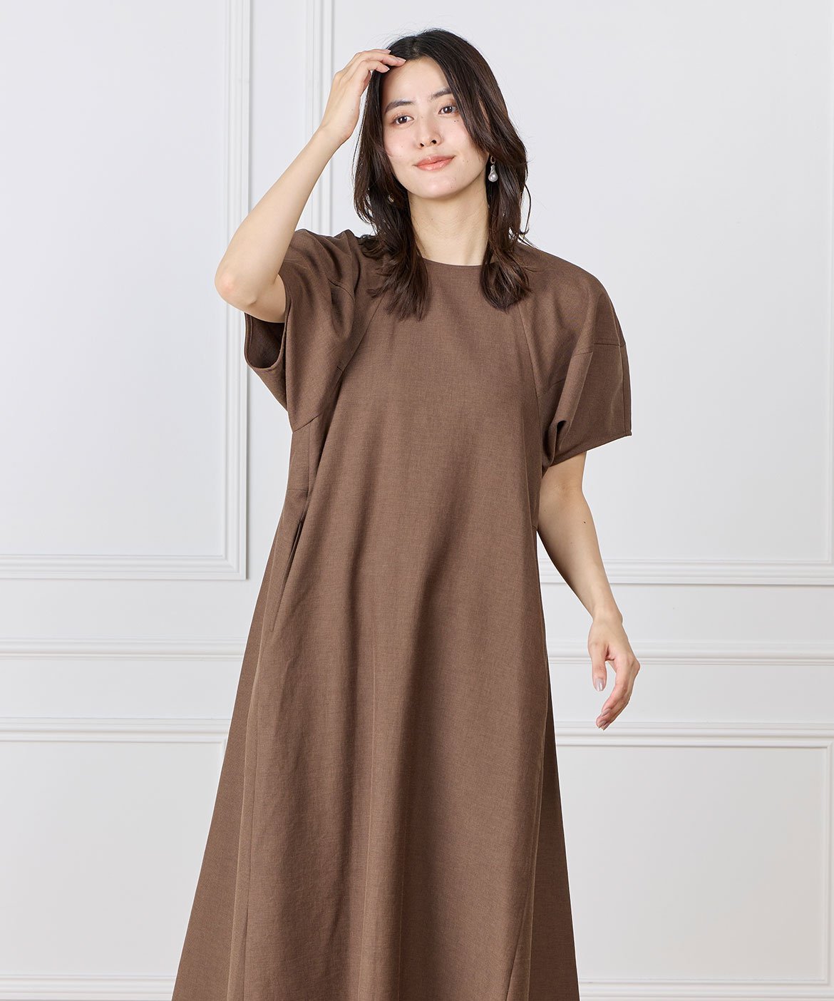 INED 《大きいサイズ》ボリュームスリーブワンピース イネド ワンピース・ドレス ワンピース オレンジ ブラウン ブラック