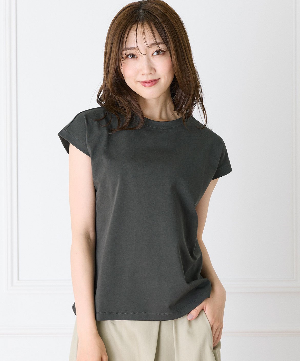 INED 《大きいサイズ》フレンチスリーブTシャツ イネド トップス カットソー・Tシャツ カーキグリーン ホワイト グレー