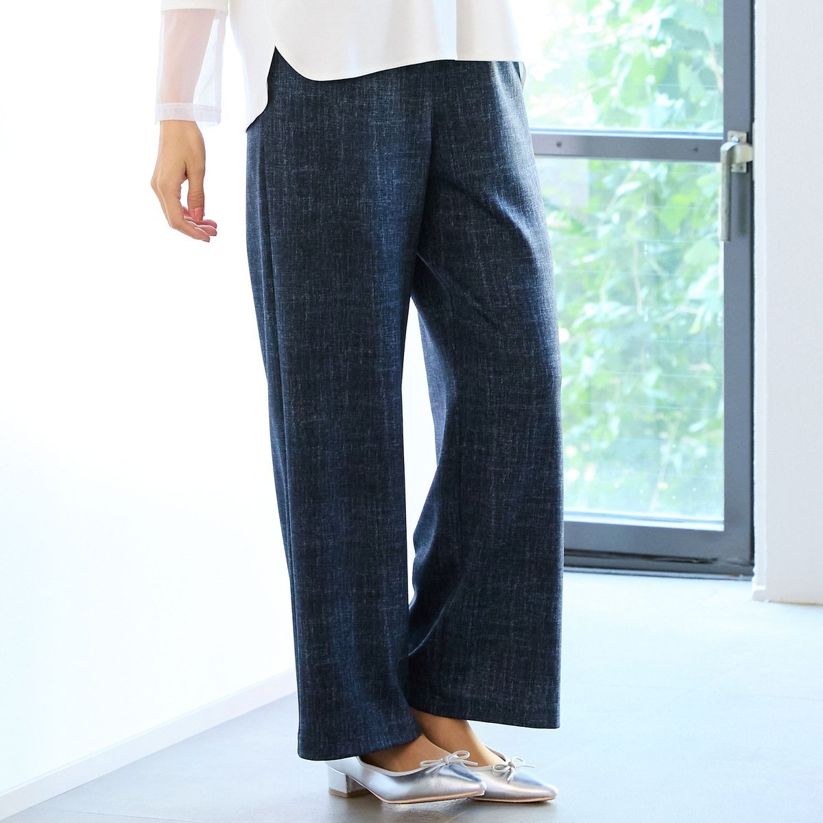 LOBJIE 【洗える・S~LLサイズ】デニム柄イージーパンツ ロブジェ パンツ チノパンツ ネイビー