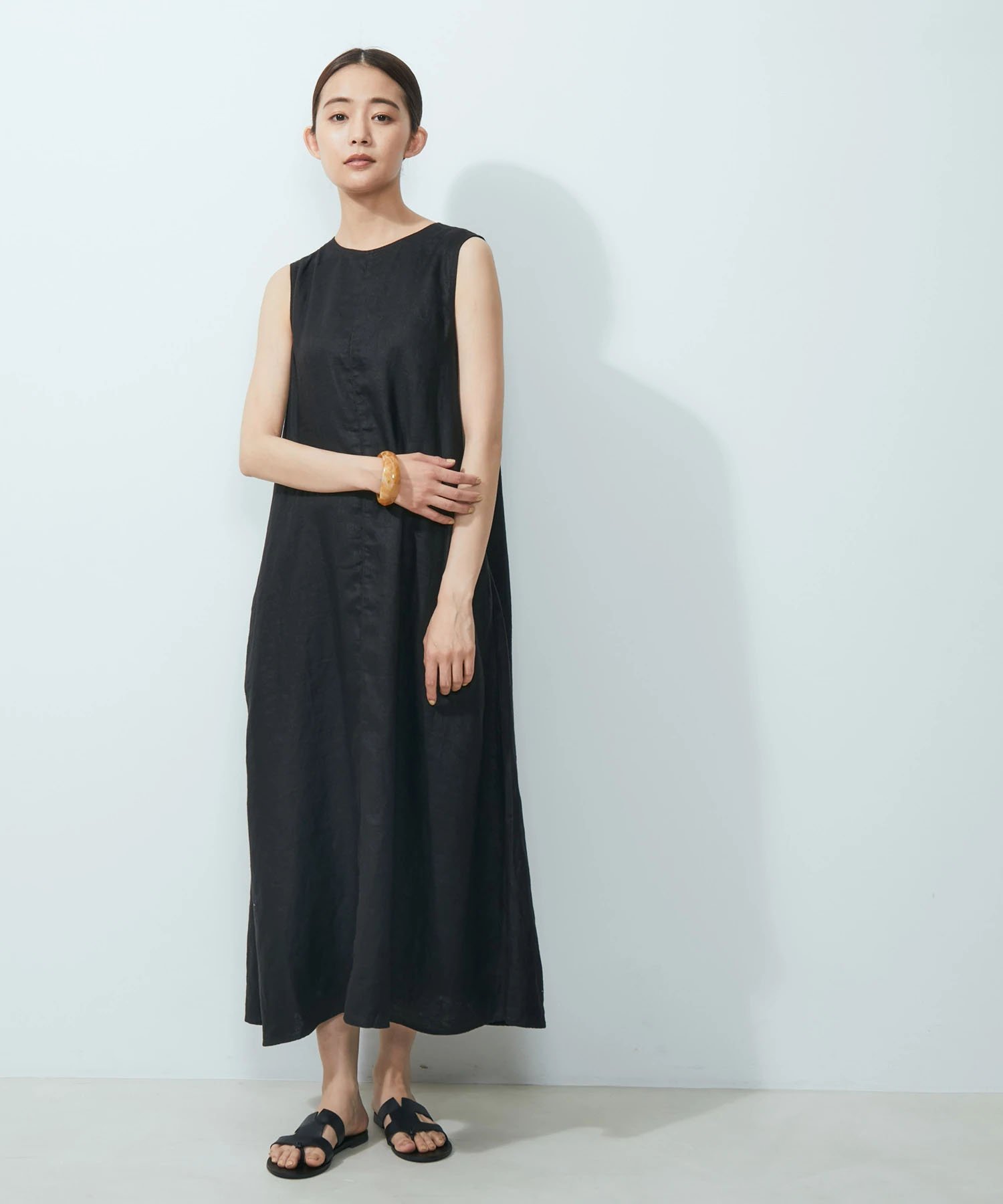 【SALE／50%OFF】SALON adam et rope' [ご好評につき新色追加!]【洗える】麻ツイルノースリーブワンピース サロン アダム エ ロペ ワンピース・ドレス ワンピース カーキグリーン ピンク グリーン ブラック【送料無料】