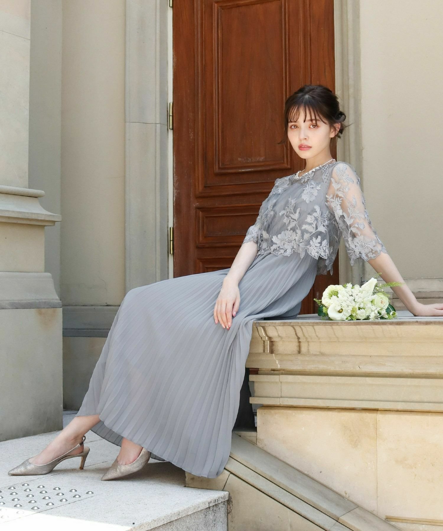 GIRL 刺繍レース切替え5分袖プリーツロング丈 結婚式 ワンピース パーティードレス ガール ワンピース・ドレス ドレス ピンク カーキグリーン ベージュ グレー【送料無料】