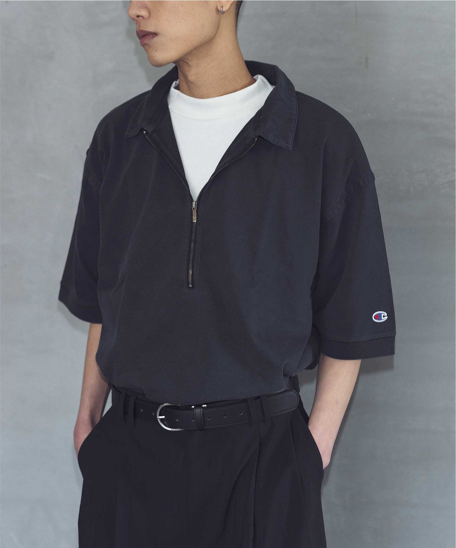 monkey time BEAUTY YOUTH UNITED ARROWS ＜Champion monkey time＞ ピグメント ジップ ポロシャツ ビューティー＆ユース ユナイテッドアローズ トップス ポロシャツ ブラック ホワイト【送料無料】