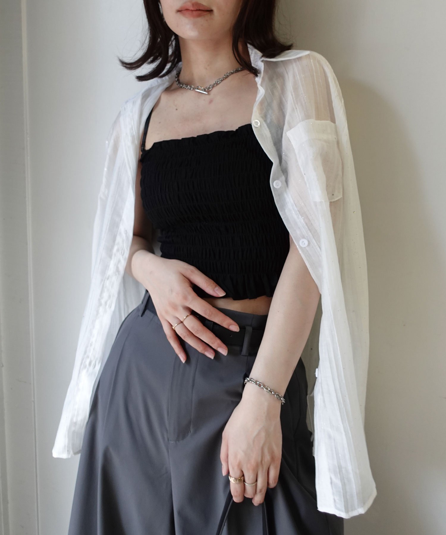 【SALE/80%OFF】CORNERS シャーリングベアトップ コーナーズ トップス ベアトップ ブラック グレー ブラウン ホワイト