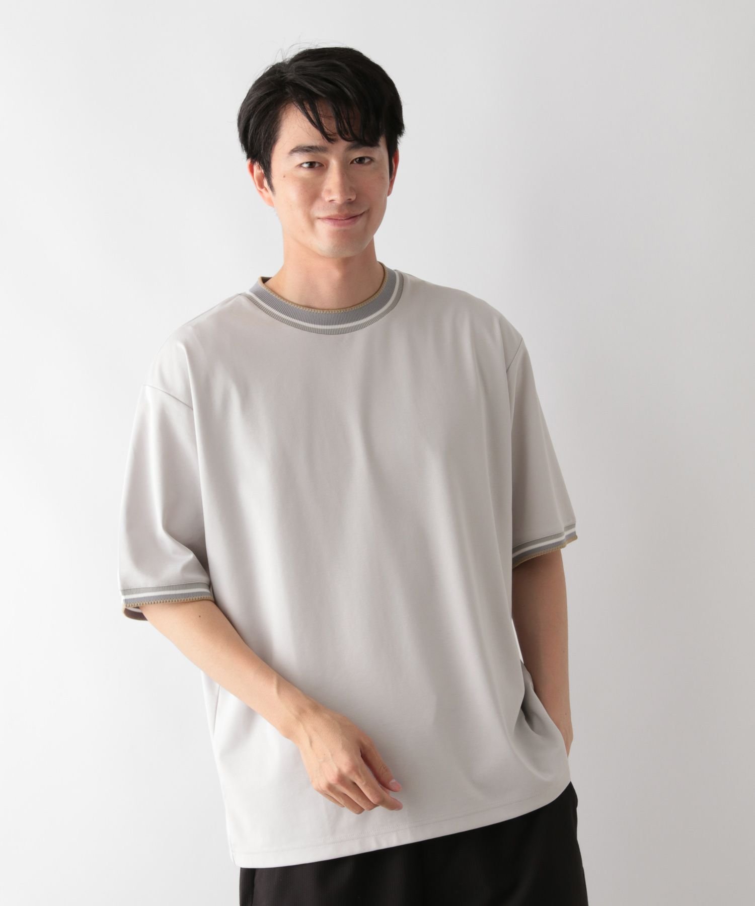 ニット切り替え/ポンチTシャツ/498714 グローバルワーク トップス カットソー・Tシャツ グレー ホワイト ネイビー