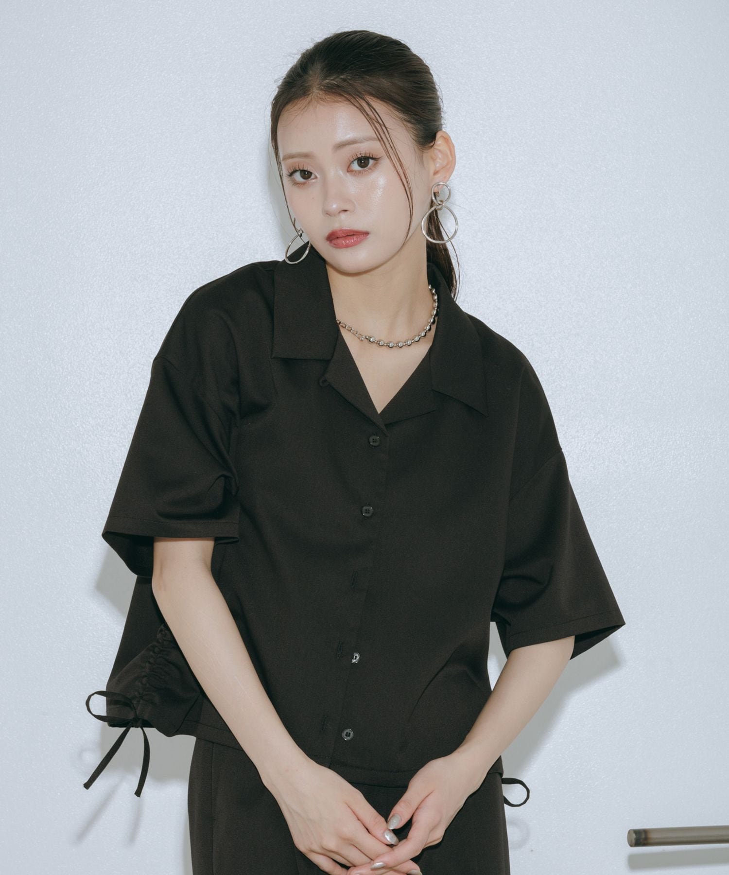 PAGEBOY シフトセットドロストショートシャツ ページボーイ トップス シャツ・ブラウス ネイビー ブラック グレー
