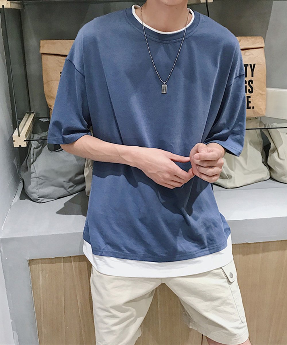 【SALE／30%OFF】AsaAura レイヤード風tシャツ メンズクルーネック ミニミニストア トップス カットソー・Tシャツ ブルー ブラック ベージュ レッド ブラウン グリーン ホワイト