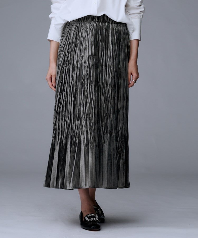 UNTITLED 【ウエストゴム/着映え】ランダムプリーツベロアスカート アンタイトル スカート ロング・マキシスカート グレー ベージュ【送料無料】