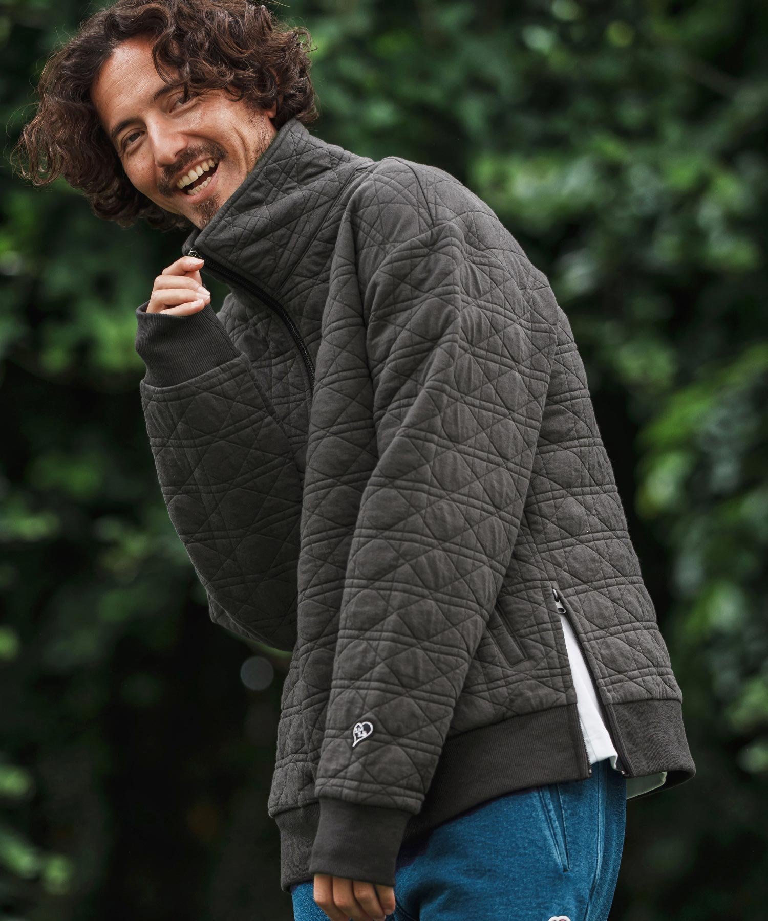 1minute 1second mlt5291-quilted half-zip pullover with heart patch ハーフジッププルオーバー カン..