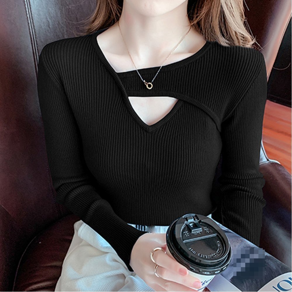 【SALE／30%OFF】Aimoon ニットTシャツ Vネック トップス 長袖 ミニミニストア トップス ニット イエロー ブラック ホワイト