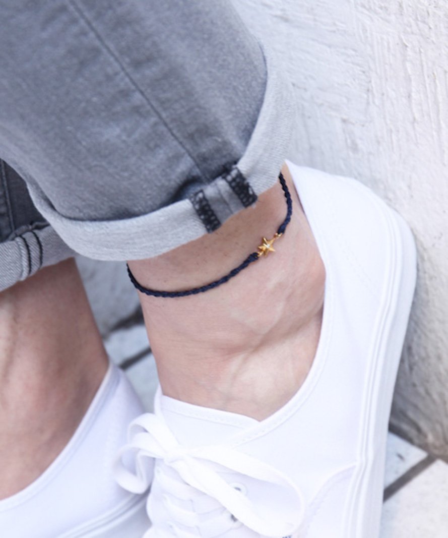 MR.OLIVE Braid Waxed Cord Anklet -Star&Puzzle- ミスターオリーブ アクセサリー・腕時計 アンクレット ネイビー【送...