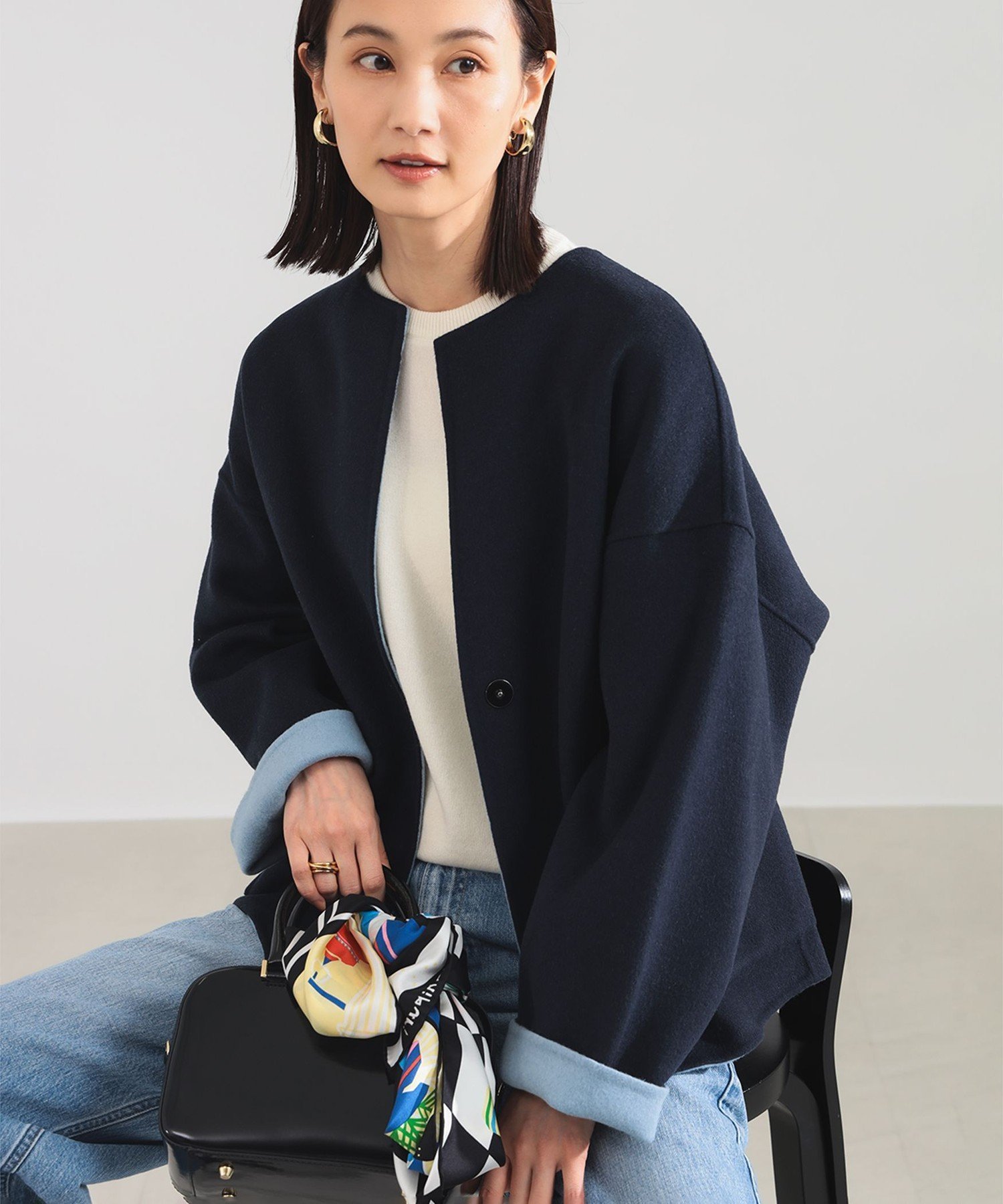 Demi-Luxe BEAMS リバー ミドルコート デミルクス ビームス ジャケット・アウター ノーカラージャケット ブルー ホワイト【送料無料】のサムネイル
