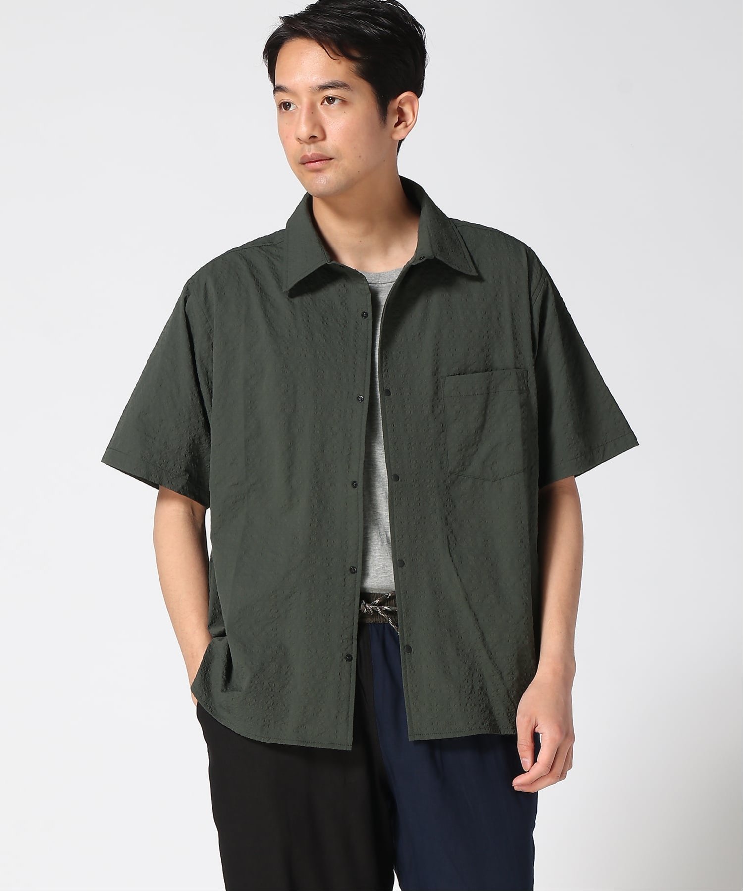 gym master gym master/(U)ULシアサッカースナップボタンS/Sシャツ ジムマスター トップス シャツ・ブラウス ブラック ネイビー ブラウン グリーン グレー