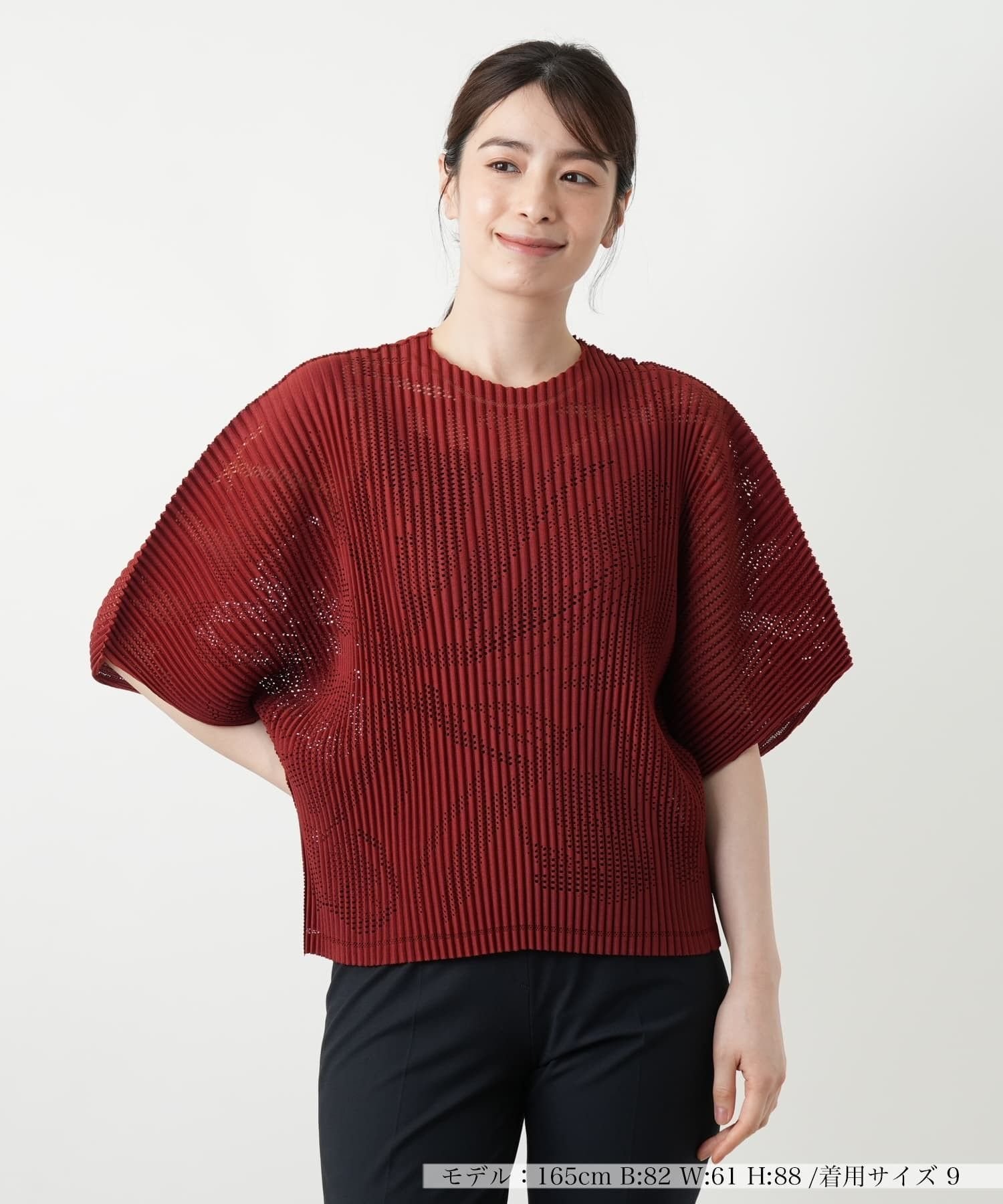 Leilian 透かし編みビッグスリーブブラウス レリアン トップス シャツ・ブラウス ネイビー ブラウン カーキグリーン