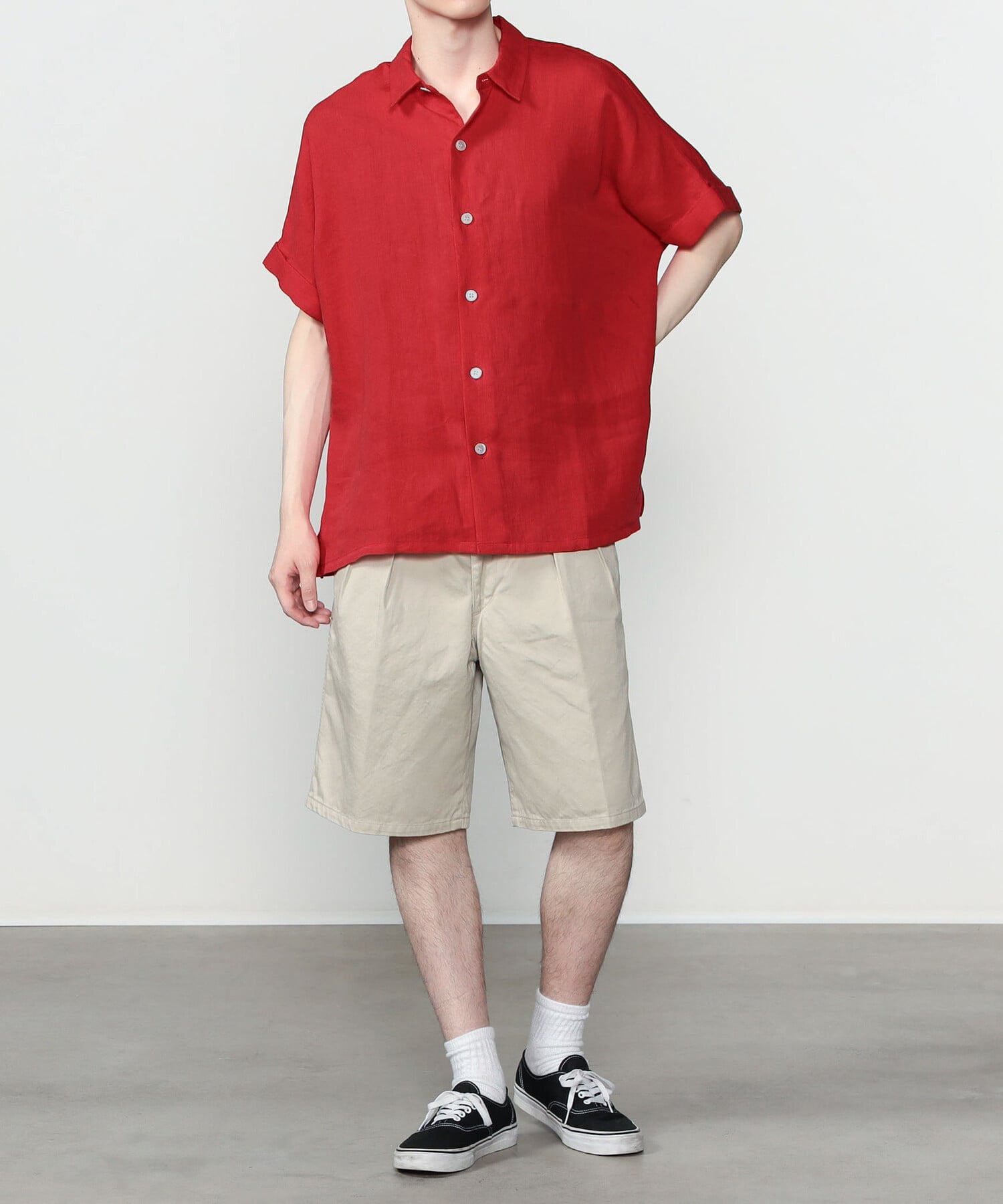 Bshop HAVERSACK ｜ リネンツイル ドルマンスリーブ半袖シャツ MEN ビショップ トップス シャツ・ブラウス レッド ホワイト