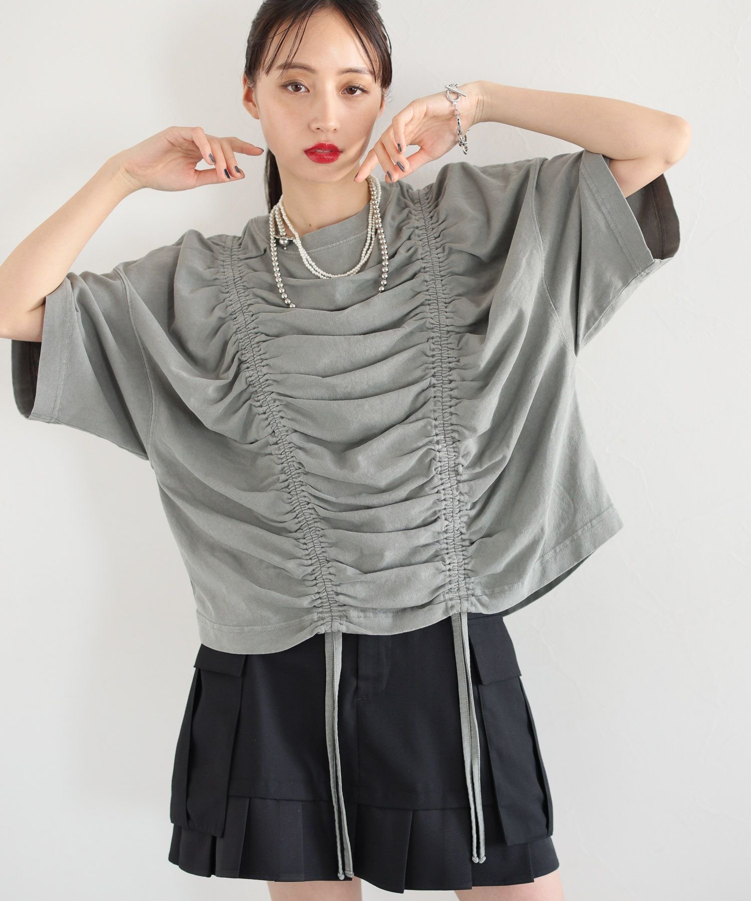 HARE ピグメントギャザーTシャツ ハレ トップス カットソー・Tシャツ グレー【送料無料】のサムネイル