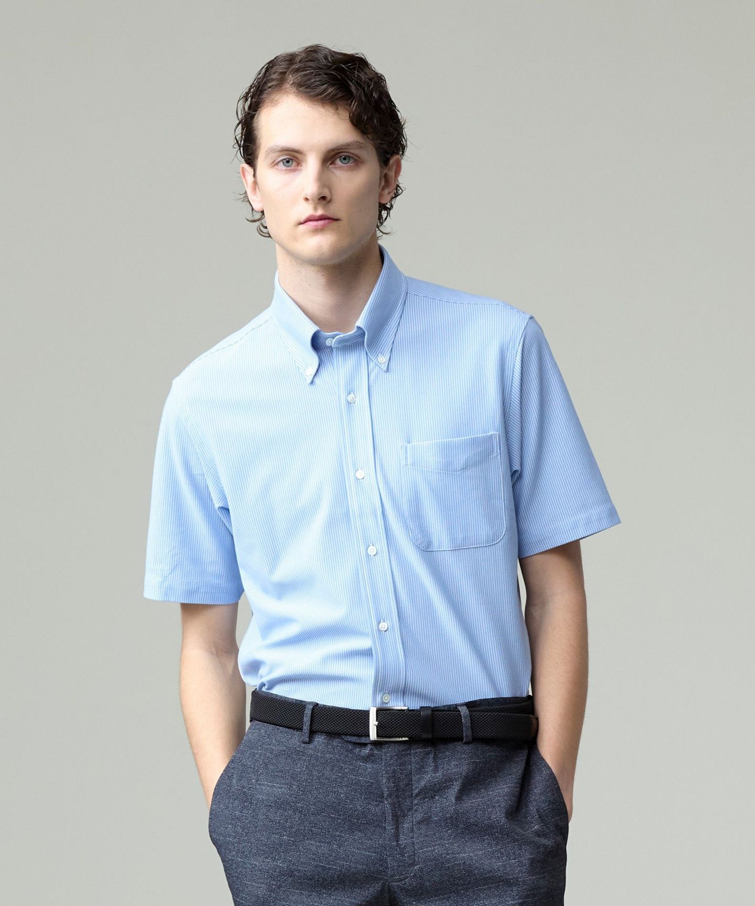 J.PRESS 【吸水速乾 / 抗菌防臭 / 防シワ】【J.PRESS OXFORD JERSEY】カノコインレイマイクロストライプ 半袖シャツ / B.D. ジェイプレス トップス シャツ・ブラウス ブルー グレー