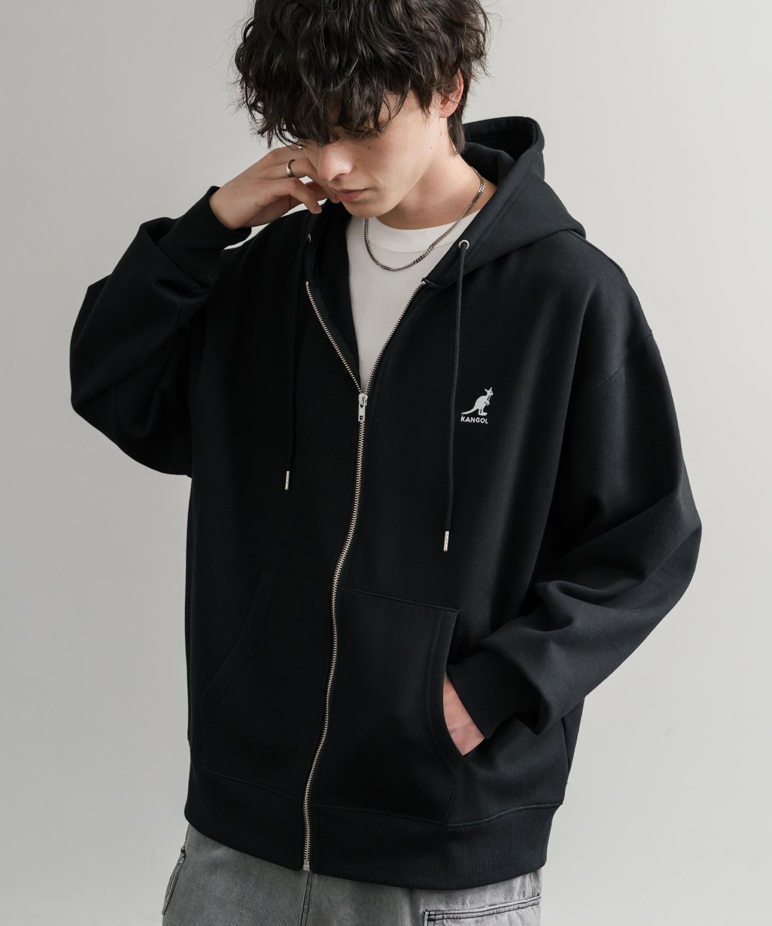 KANGOL KANGOL カンゴール 別注コラボオーバーサイズ裏起毛ロゴ刺繍フルジップパーカー ロッキーモンロ..