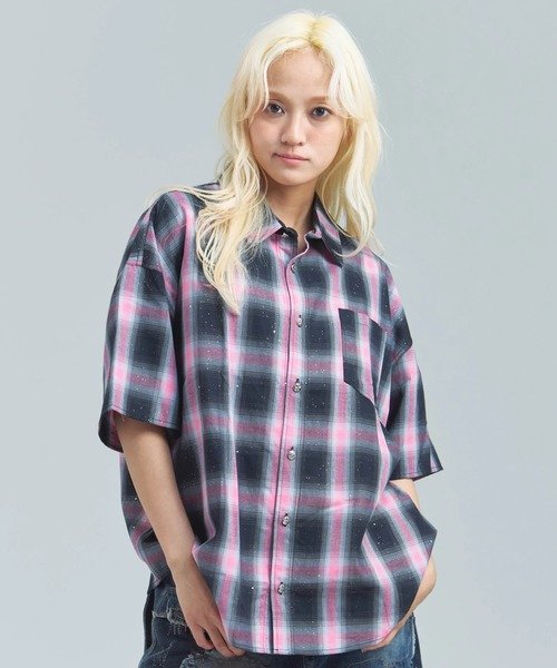 GA Glitter Check S/S Shirt(MENS) ジャックローズ トップス シャツ・ブラウス ブラック ピンク