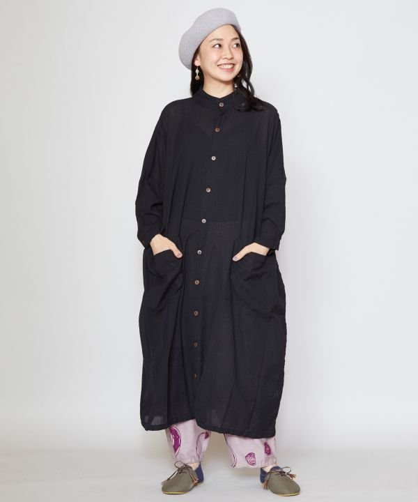 チャイハネ yul バンドカラーシャツワンピース アミナコレクション ワンピース・ドレス シャツワンピース ブラック ホワイト ブルー