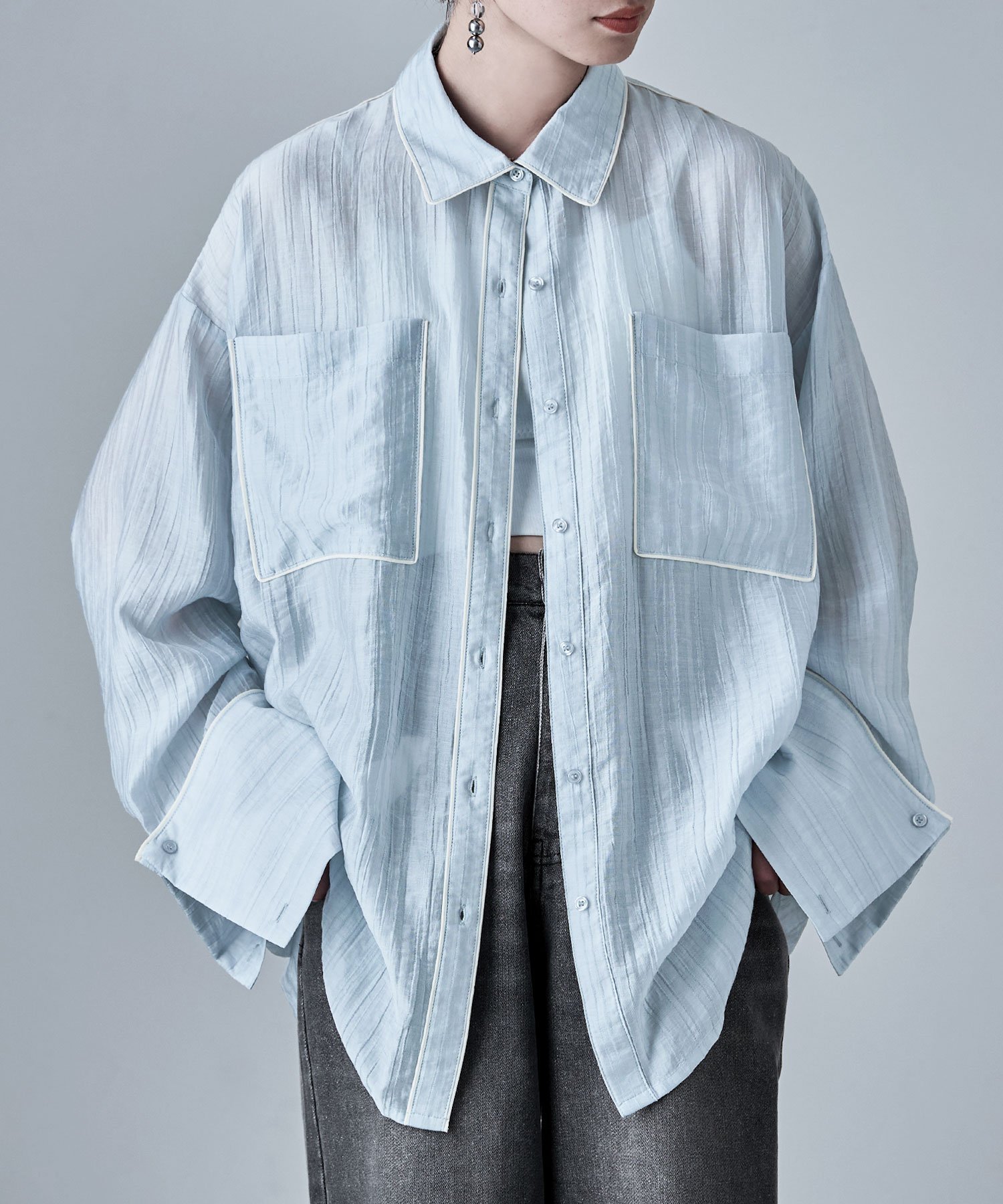 etoll. ビッグカフスニュアンスストライプシャツ ビーフラット トップス シャツ・ブラウス ブラウン ブルー イエロー【送料無料】のサムネイル