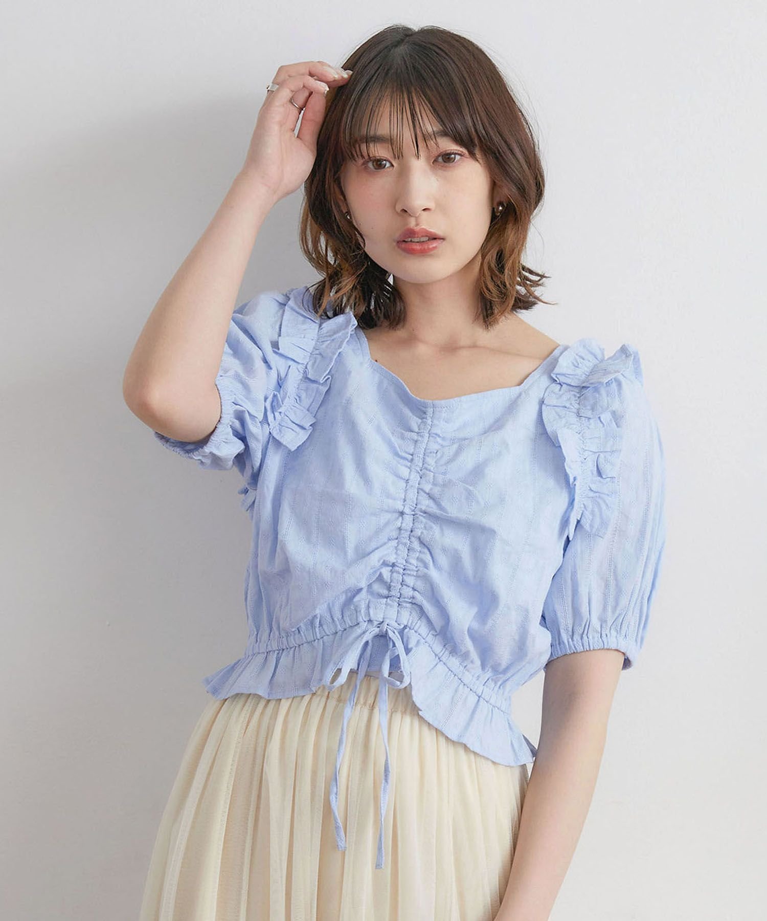 【SALE／30%OFF】RETRO GIRL フロントシャーリングBL レトロガール トップス シャツ・ブラウス ブルー ホワイト パープル