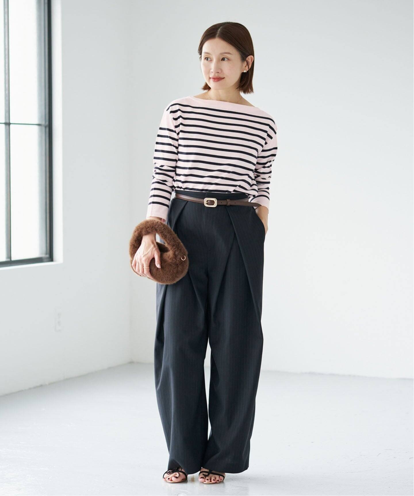 IENA 《WEB限定/追加》SEATTLEボーダーボートネックプルオーバー イエナ トップス ニット ピンク