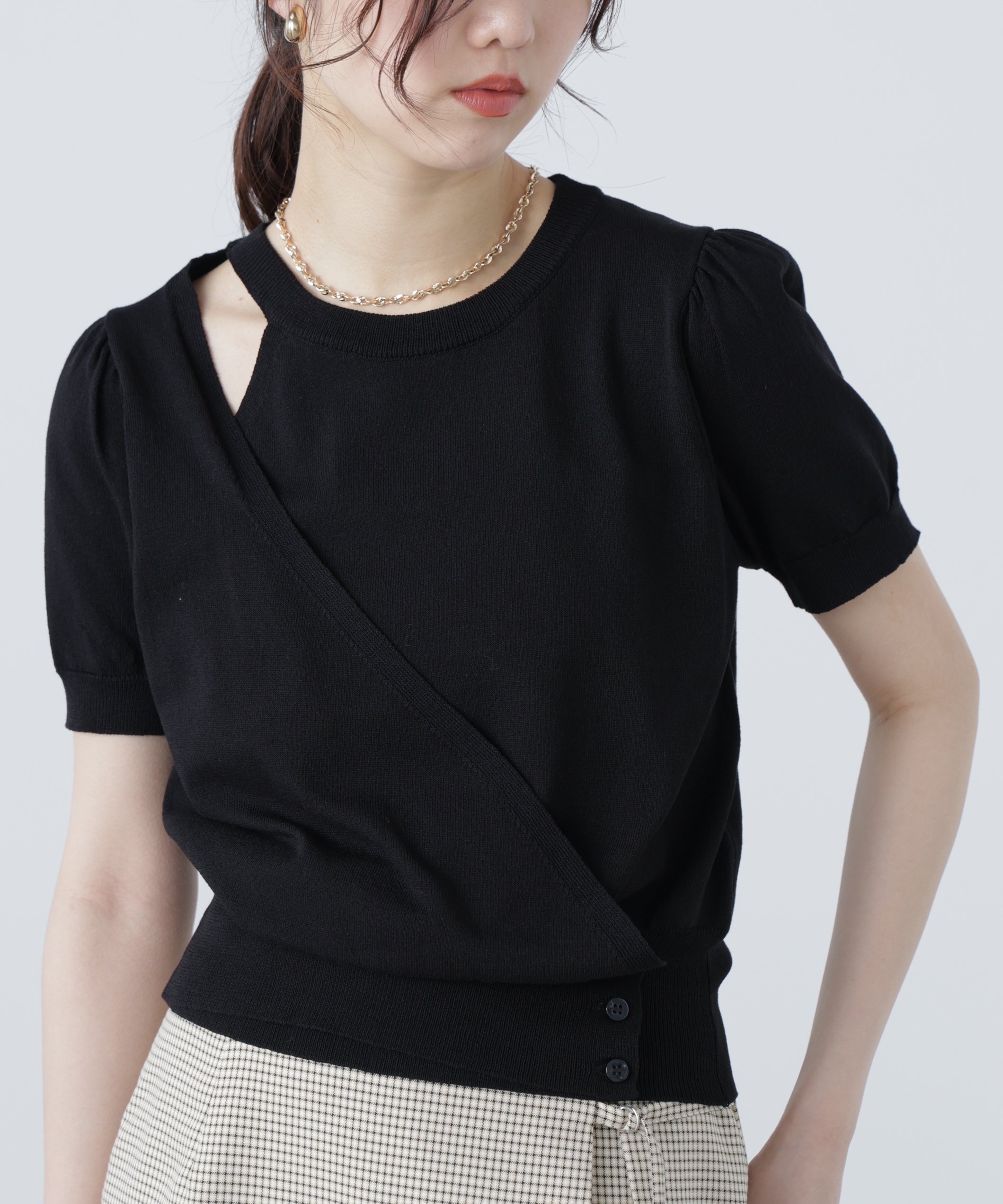 【SALE／50%OFF】FREE'S MART キャミレイヤードカシュクール半袖ニット フリーズ マート トップス ニット イエロー グレー ブラック ベージュ