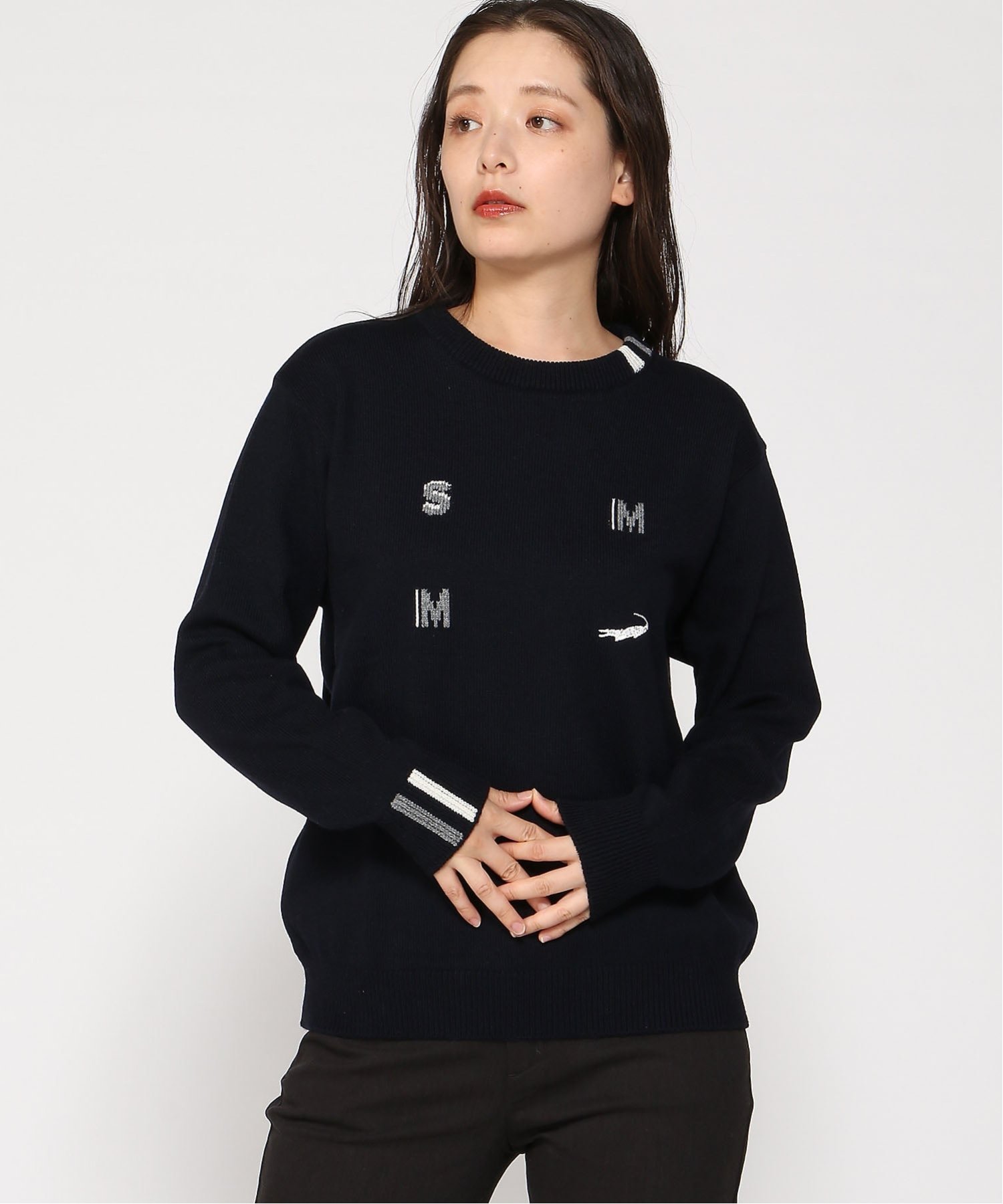 SWITCH MOTION CROCODILE (W)ロゴ クルーネック ニット【日本製】 クロコダイル トップス ニット ホワ..