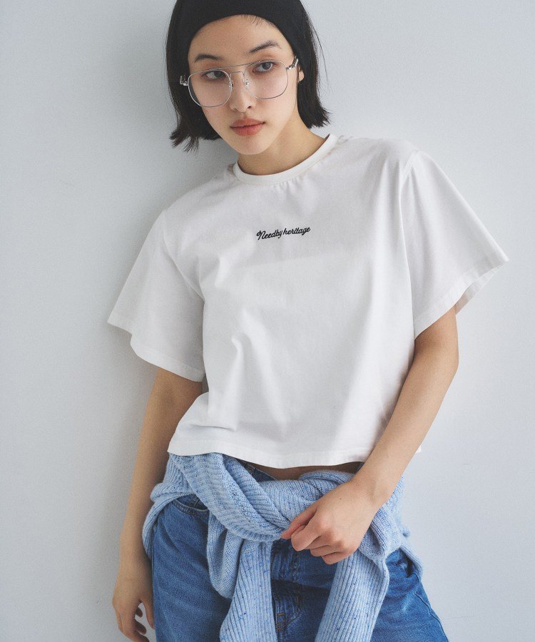 CODE A NEEDBY heritage｜CROPPED TEE コードエー トップス カットソー・Tシャツ グレー ホワイト