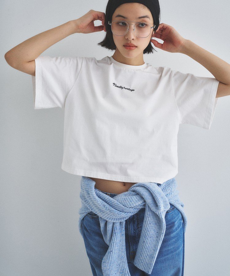 CODE A NEEDBY heritage｜CROPPED TEE コードエー トップス カットソー・Tシャツ グレー ホワイト