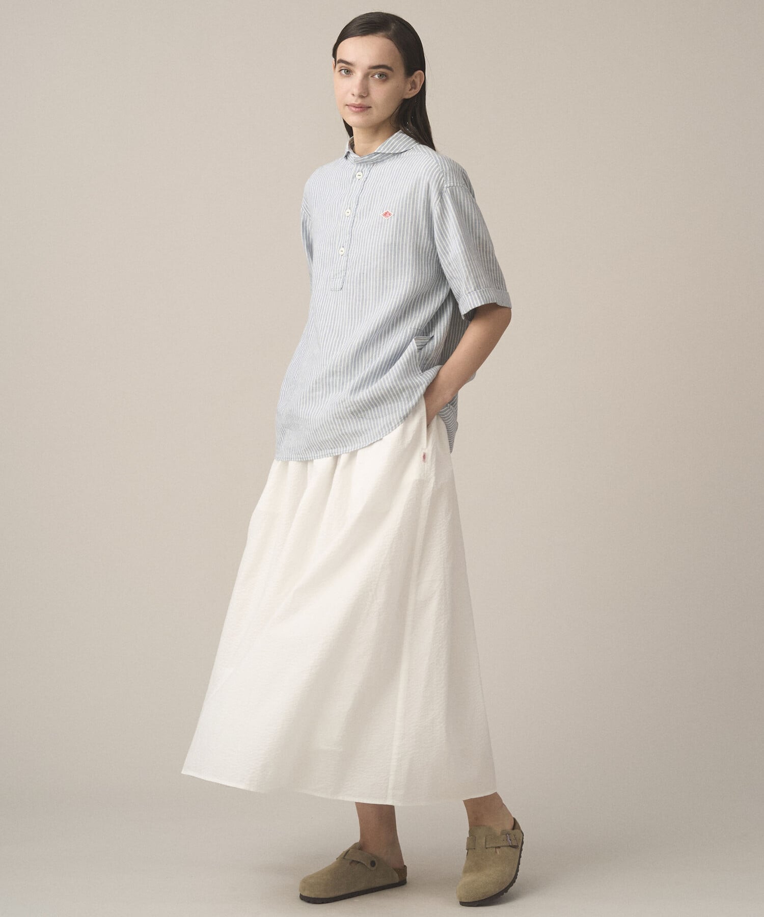 Bshop DANTON ｜ リネンコットン 丸襟半袖プルオーバーシャツ STRIPE WOMEN ビショップ トップス シャツ・ブラウス ピンク ブルー