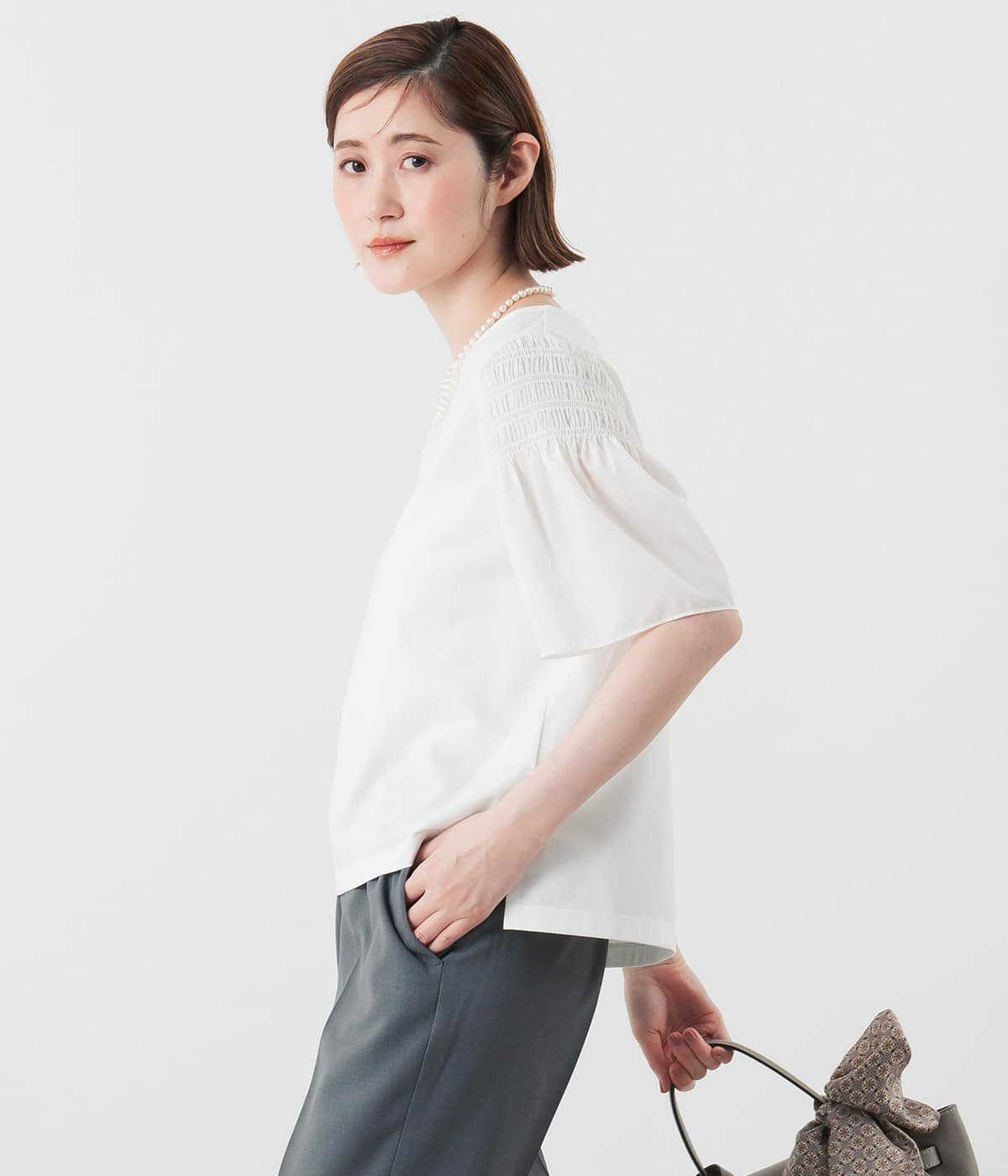 NEWYORKER WOMEN L-SIZE 【L】【接触冷感・吸水速乾】プレーティング天竺 袖シャーリングプルオーバー ニューヨーカー エルサイズ トップス カットソー・Tシャツ ホワイト