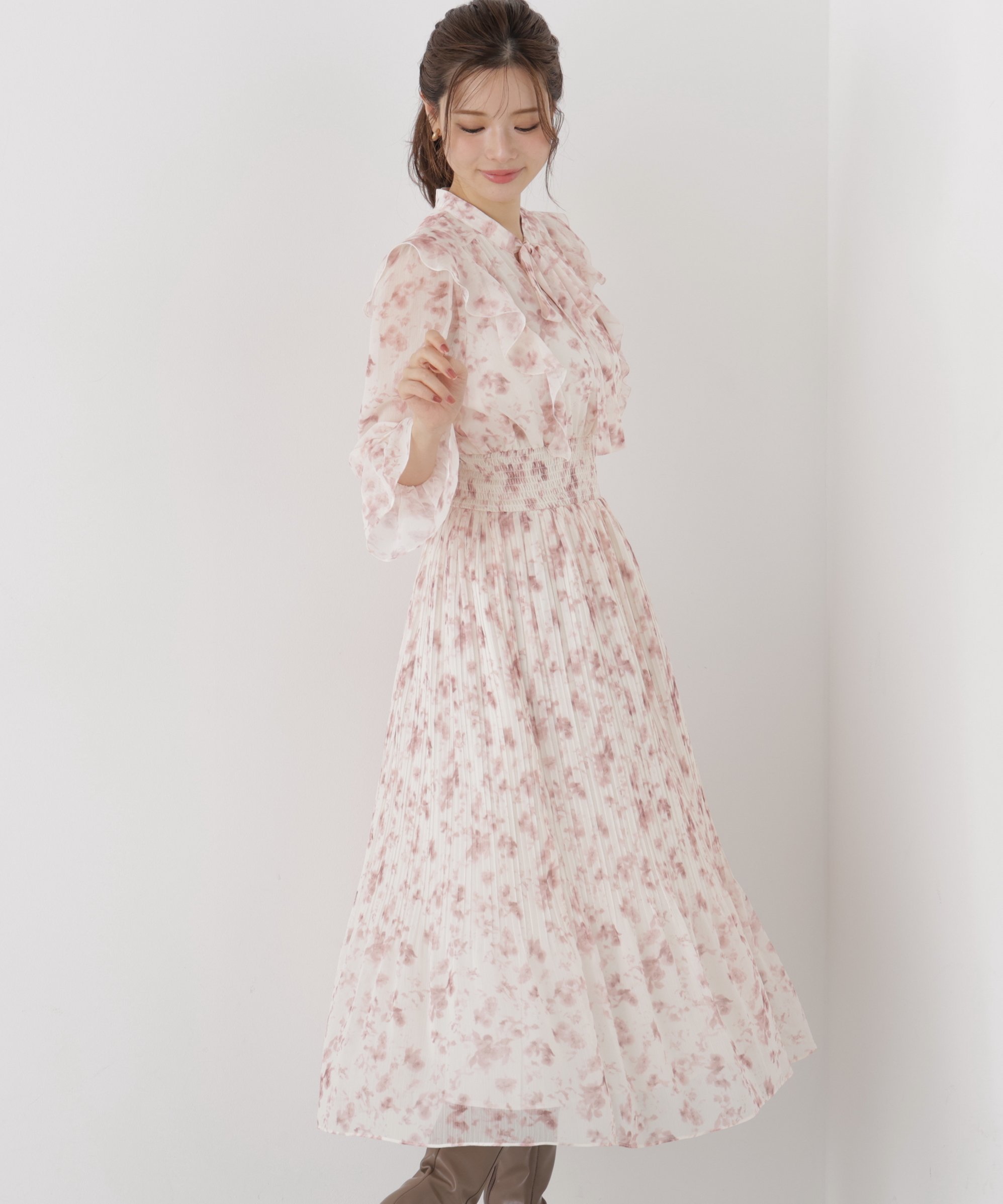 PROPORTION BODY DRESSING リボンプリーツ花柄ワンピース プロポーションボディドレッシング ワンピース・ドレス ワンピース ブラック ピンク