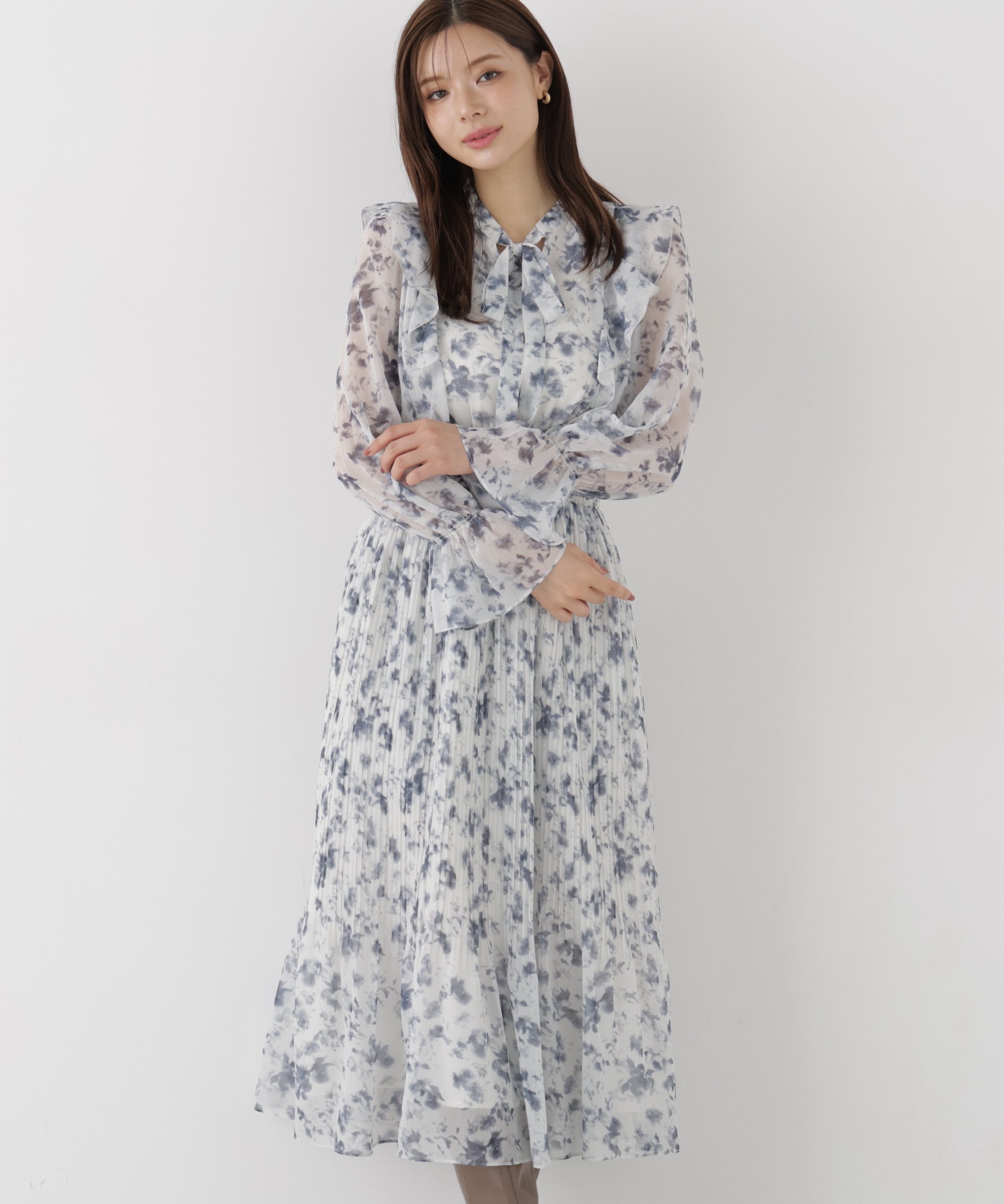PROPORTION BODY DRESSING リボンプリーツ花柄ワンピース プロポーションボディドレッシング ワンピース・ドレス ワンピース ブラック ピンク