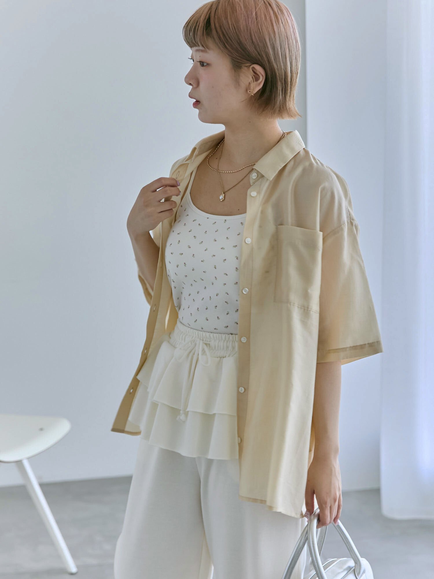 【SALE／38%OFF】ehka sopo ◎シアー半袖シャツ エヘカソポ トップス シャツ・ブラウス ブラウン ブルー ベージュ【送料無料】のサムネイル