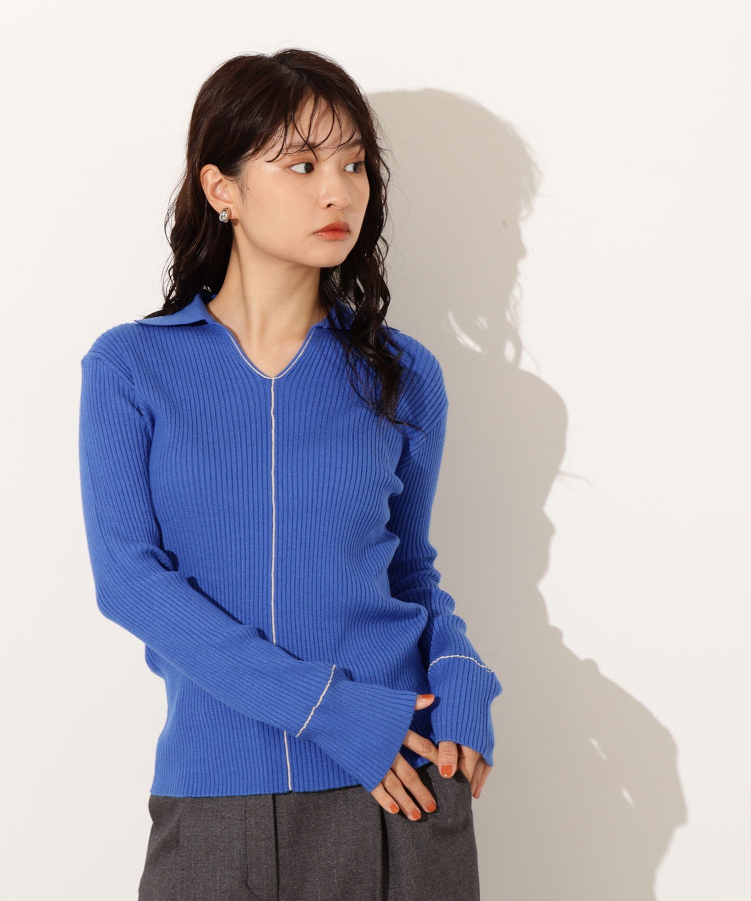 N. Natural Beauty Basic ラインスキッパーリブニット エヌ ナチュラルビューティーベーシック* トップス ニット ブルー ベージュ グレー