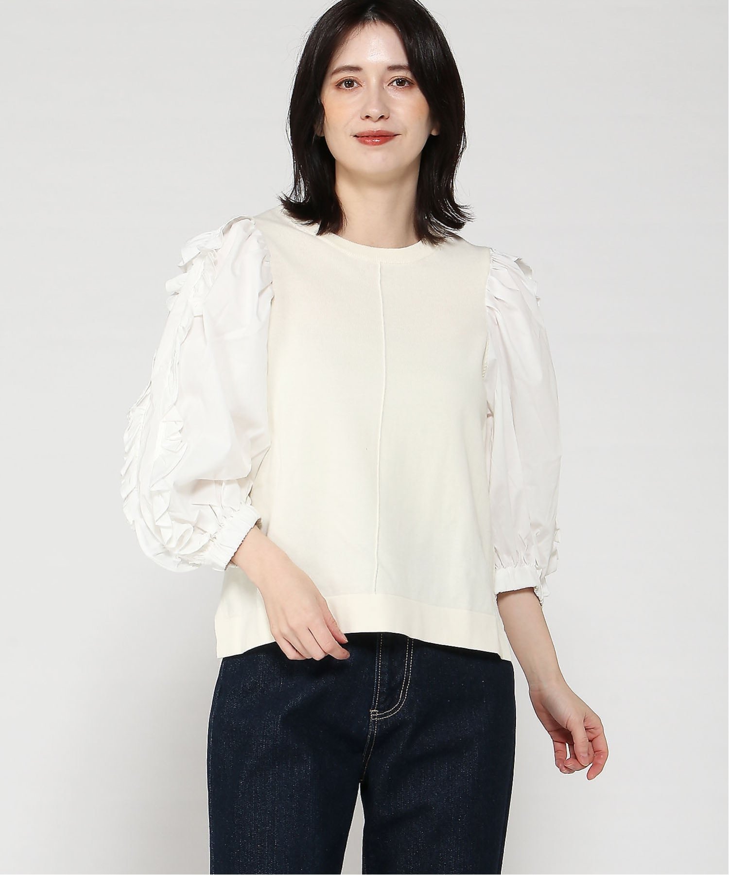 Gready Brilliant Gready Brilliant/(W)2_ニット×フリルパフ7SV グレディブリリアン トップス ニット ブラック ホワイト【送料無料】