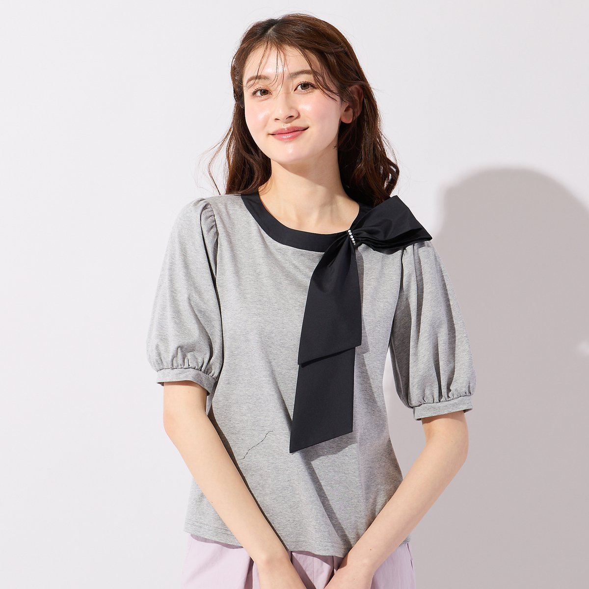 Rose Tiara 【2WAY】【接触冷感】リボンカットソー ローズティアラ トップス カットソー・Tシャツ グレー ブラック ホワイト