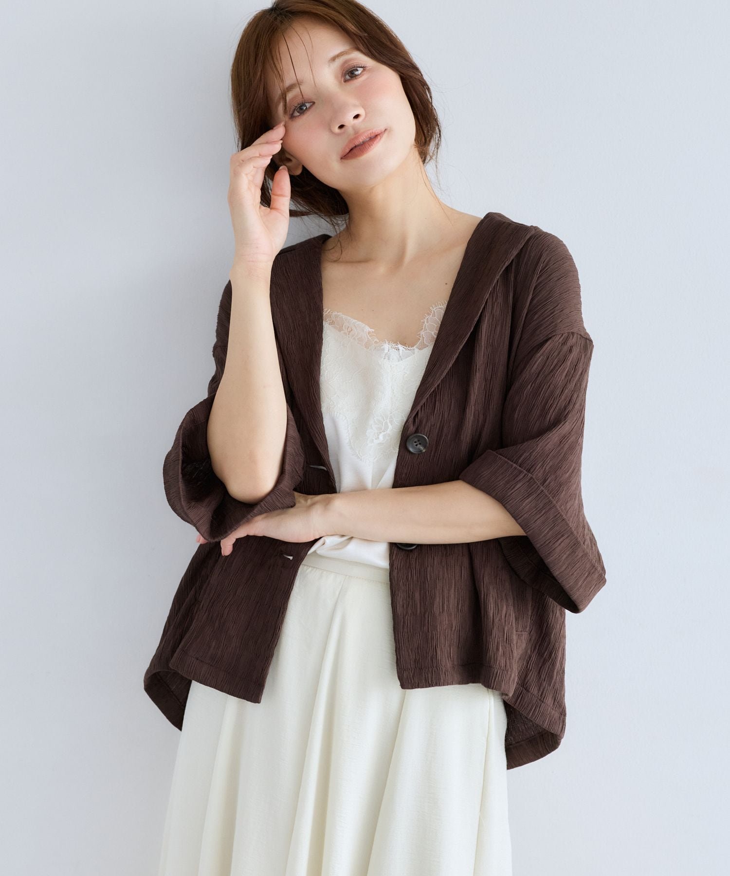 【SALE／10%OFF】mysty woman 楊柳ジャケット半袖 ミスティウーマン ジャケット・アウター テーラードジャケット・ブレザー ベージュ ホワイト【送料無料】