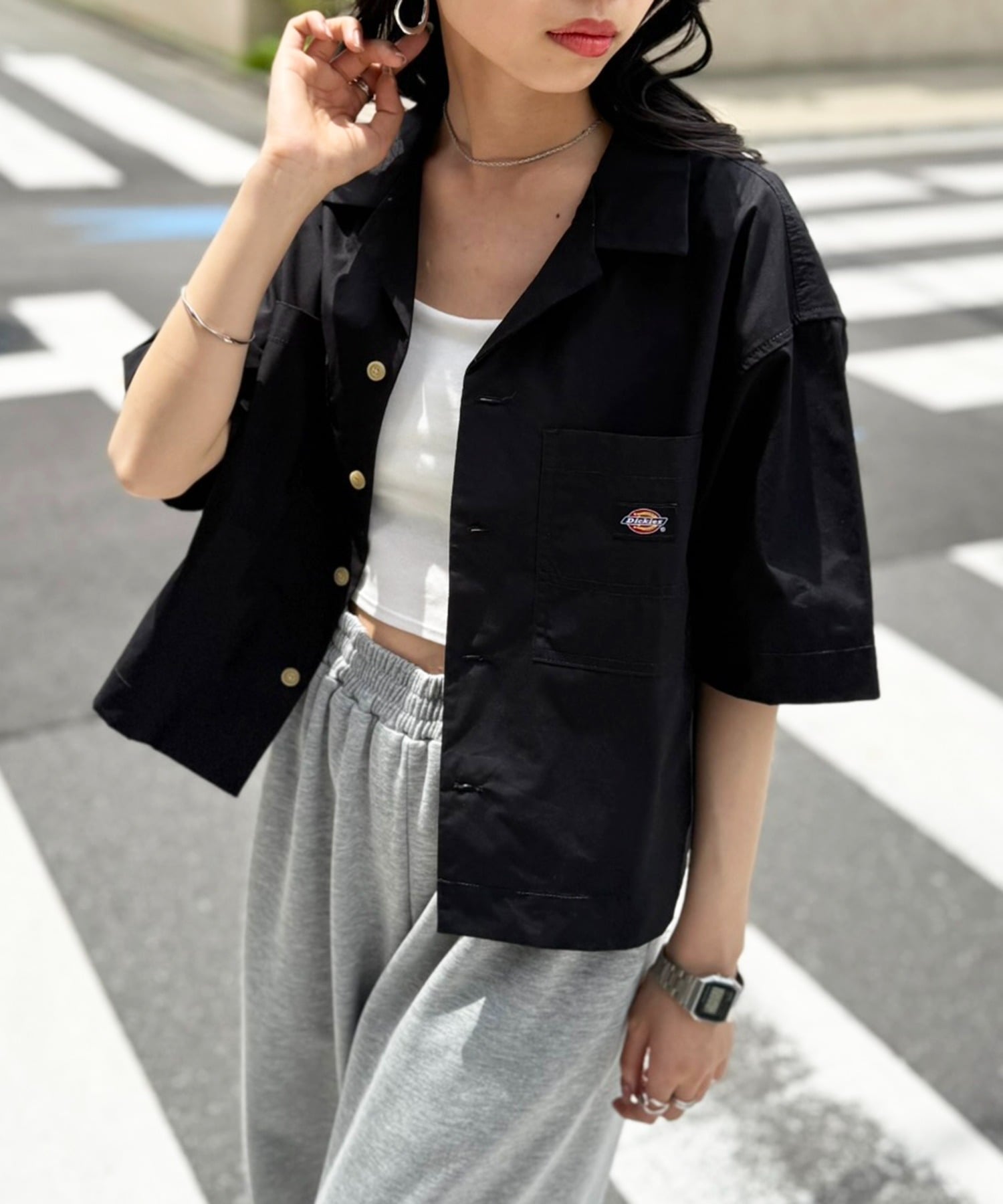 Dickies/ディッキーズ コットンダンプオープンカラークロップドシャツ セットアップセブン トップス シャツ・ブラウス ブラック ホワイト