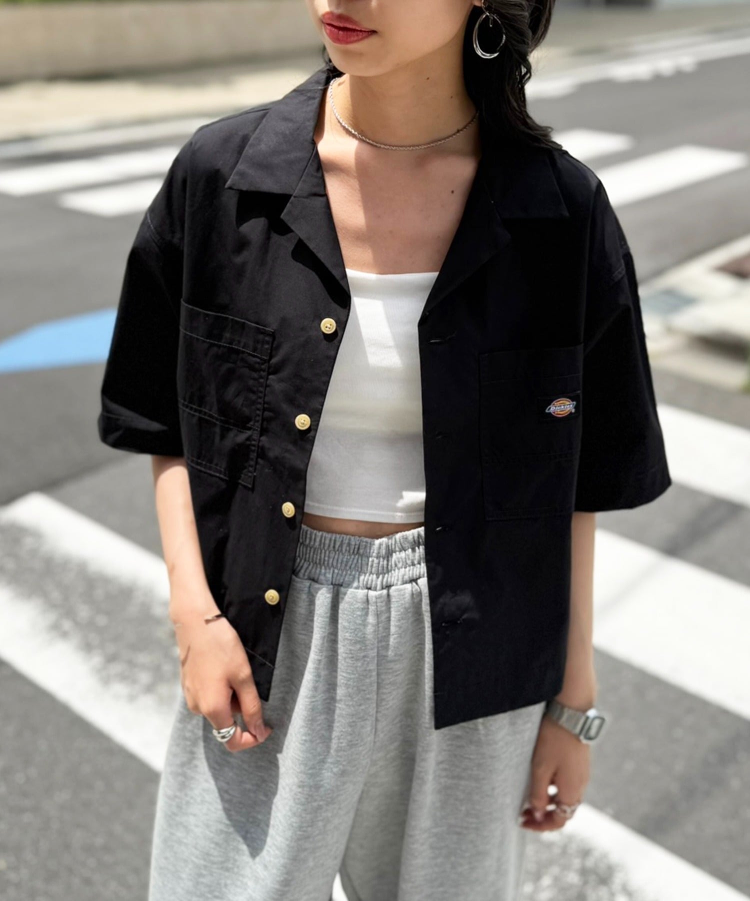 Dickies/ディッキーズ コットンダンプオープンカラークロップドシャツ セットアップセブン トップス シャツ・ブラウス ブラック ホワイト