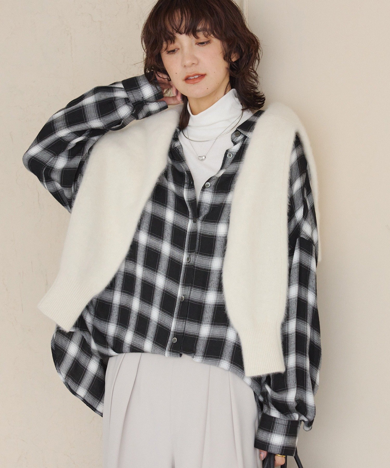 RIVE DROITE ウォッシュドチェックワイドシャツ リヴドロワ トップス シャツ・ブラウス ブラウン ホワイト ブラック ベージュ【送料無料】