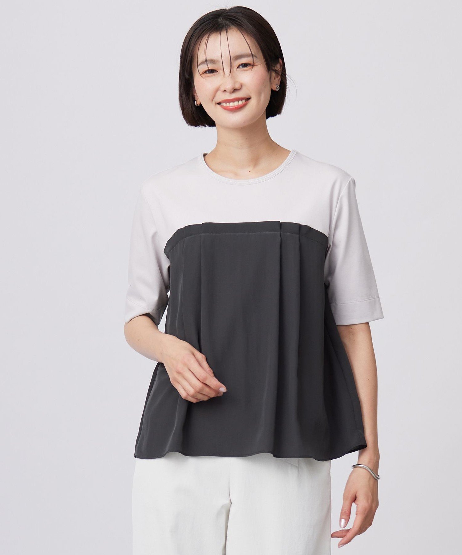 J.PRESS LADIES L 【洗える】ドッキングジャージー ビスチェライク プルオーバー ジェイプレス トップス カットソー・Tシャツ ホワイト グレー