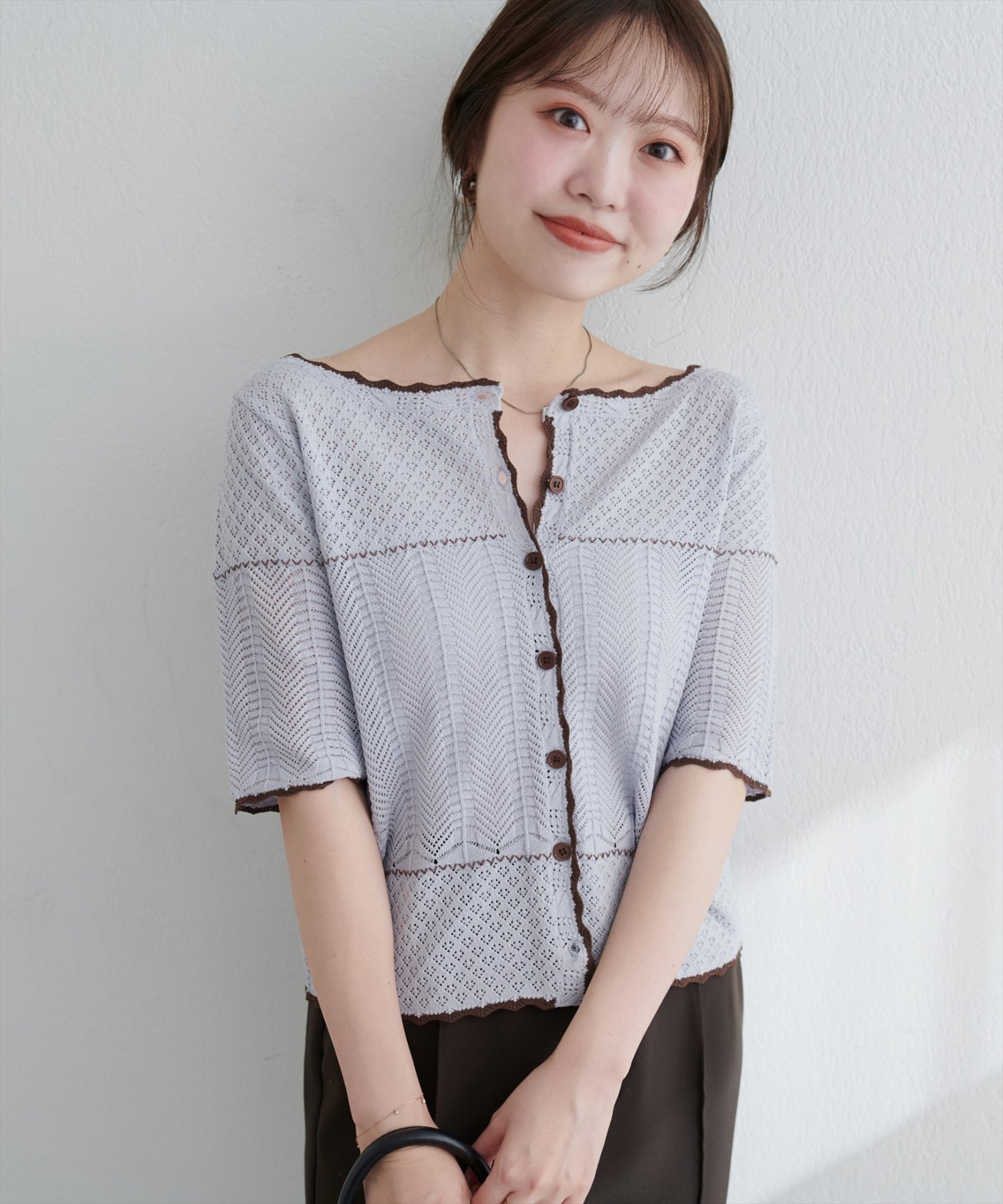 【SALE／20%OFF】natural couture クロシェ編みカーデ ナチュラルクチュール トップス カーディガン ブラック ホワイト ブルーのサムネイル