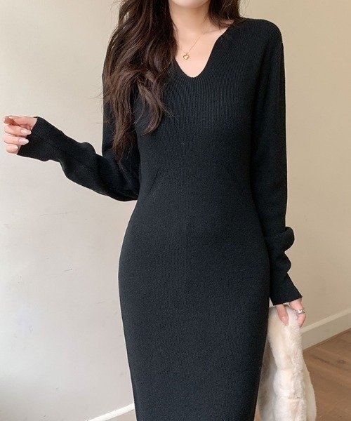 【SALE/16%OFF】Diosfront スキッパネックリブニットワンピース ディオスフロント ワンピース・ドレス ワンピース ホワイト グレー ブラック【送料無料】