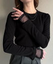 【SALE/52%OFF】JUNOAH 袖チュールレイヤードランダムリブトップス ジュノア トップス シャツ・ブラウス ブラック グレー ホワイト