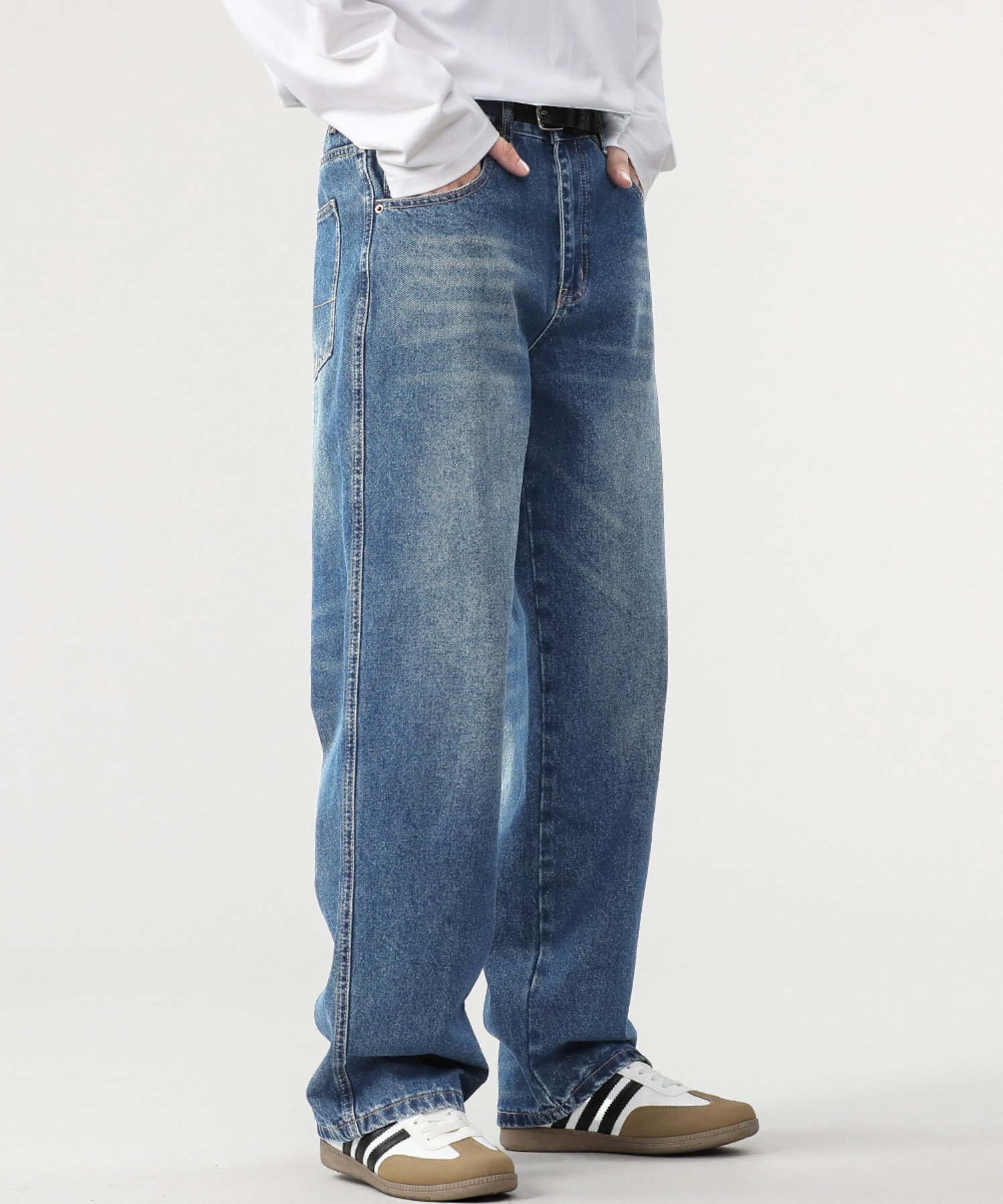 LOWO ウォッシュド加工ハイウエストワイドデニムパンツ リバーフィールド アンド コー パンツ ジーンズ・デニムパンツ ブルー