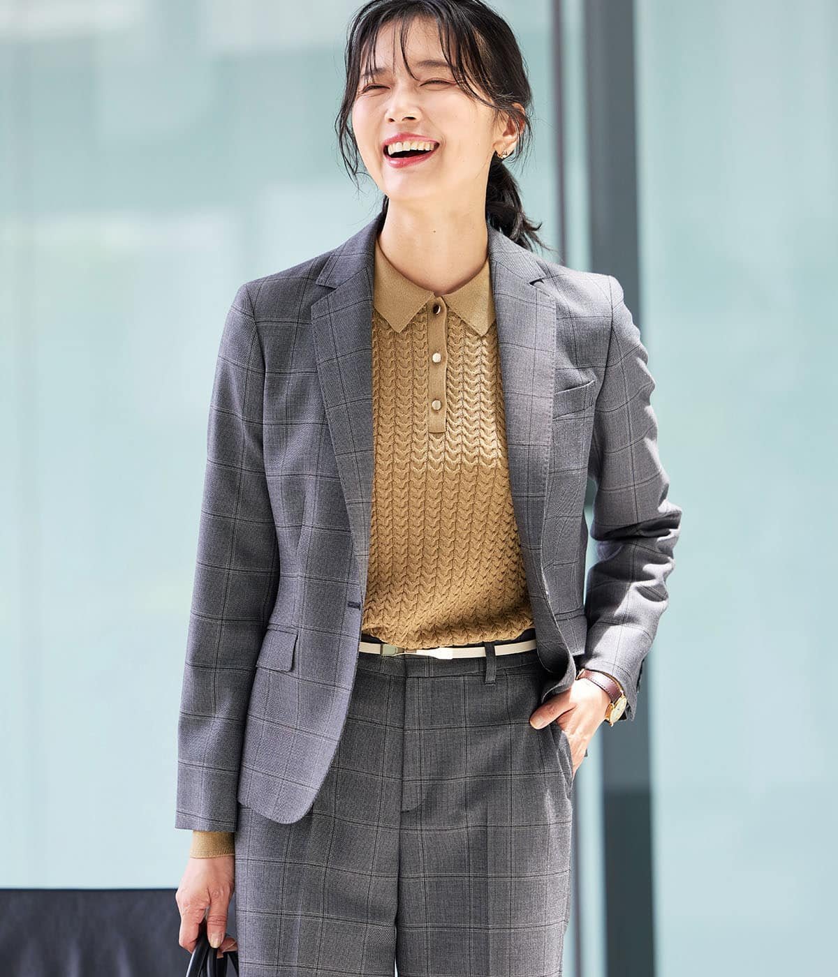 NEWYORKER WOMEN ウールウインドウペイン ノッチドラペル1釦ジャケット ニューヨーカー ジャケット・アウター テーラードジャケット・ブレザー グレー【送料無料】