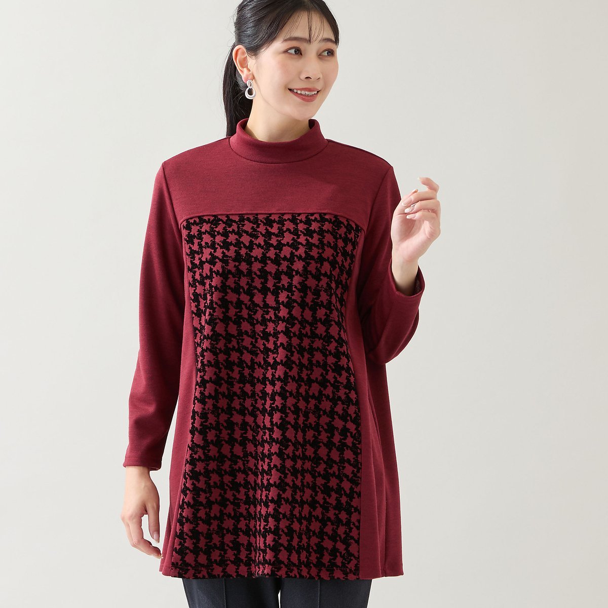 missel 【洗える・日本製・3L/4Lサイズあり】千鳥柄フロッキーチュニック ミゼール トップス カットソー・Tシャツ レッド グレー【送料無料】